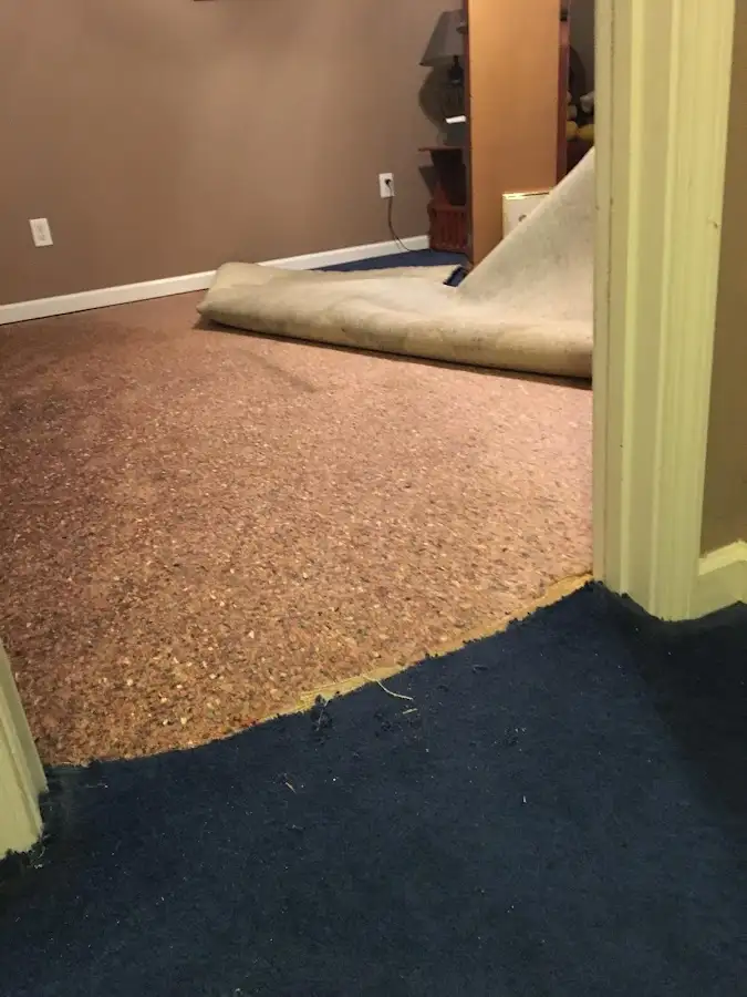 Carpet pad removal revealing water damage during Drying & Dehumidification in Poway